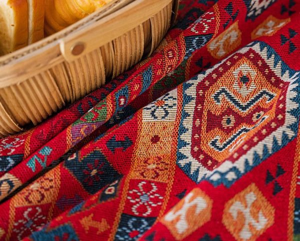 Oriental Red Rectangular Table Covers for Coffee Table, Bohemian Rectangular Tablecloth for Oval Table, Large Modern Linen Tablecloths-Art Painting Canvas