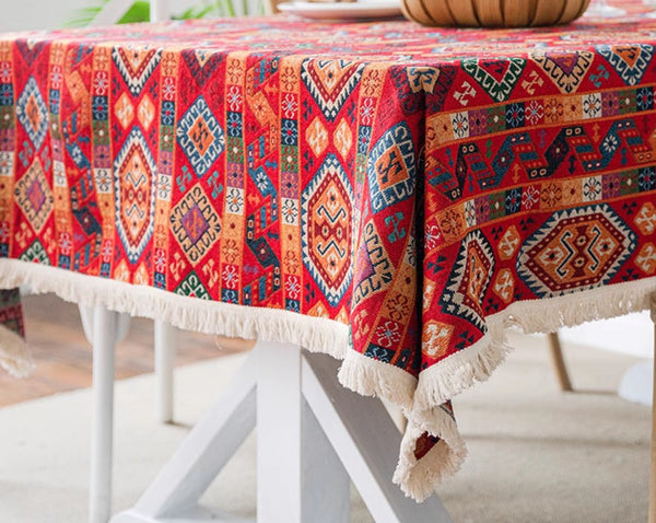Oriental Red Rectangular Table Covers for Coffee Table, Bohemian Rectangular Tablecloth for Oval Table, Large Modern Linen Tablecloths-Art Painting Canvas