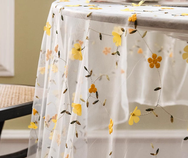 Yellow Flower Lace Tablecloths, Extra Large Rectangular Tablecloth for Oval Table, Lace Embroidered Table Covers, Rectangular Table Covers for Coffee Table-Art Painting Canvas