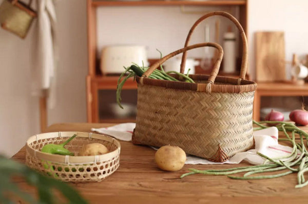 Storage Basket with Handle, Large Kitchen Storage Baskets, Natural Hand-woven Bamboo Storage Basket, Lovely Bamboo Weaving Baskets for Vegetable, Picnic Fruit Storage Baskets-Art Painting Canvas