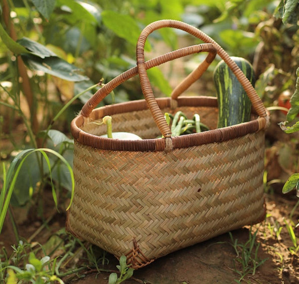 Storage Basket with Handle, Large Kitchen Storage Baskets, Natural Hand-woven Bamboo Storage Basket, Lovely Bamboo Weaving Baskets for Vegetable, Picnic Fruit Storage Baskets-Art Painting Canvas