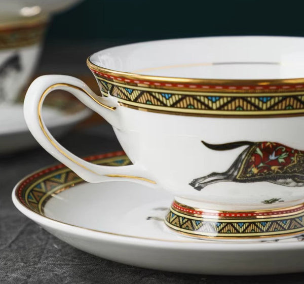 Porcelain Tea Cup and Saucer Set, 7.4 oz British Horse Pattern Coffee Cup with Saucer, Ceramic Tea Cup and Saucer in Gift Box-Art Painting Canvas