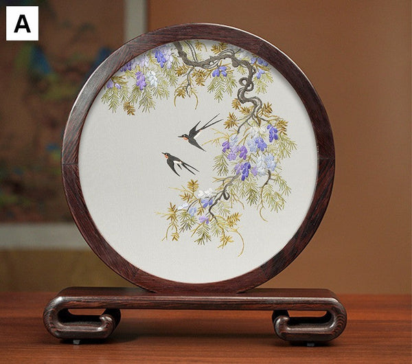 Premium Souvenir, Silk Embroidered Ornament, Exclusive Business Presents, Creative Birthday Gift, Traditional Chinese Suzhou Flower and Birds Embroidery Ornaments-Art Painting Canvas