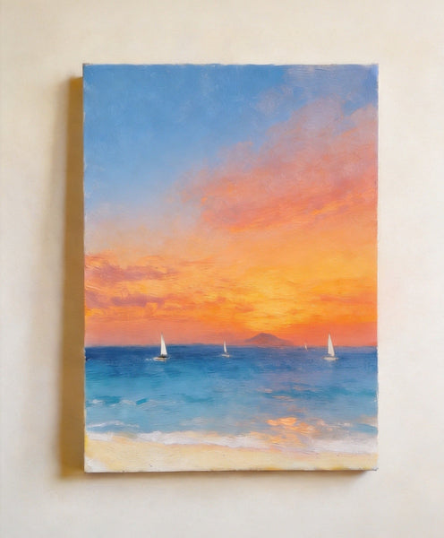 Tranquil Sails Under the Burning Clouds, Hand Painted Canvas Art, Original Seascape Paintings, Small Canvas Artwork, Original Oil Paintings, Buy Small Paintings Online-Art Painting Canvas