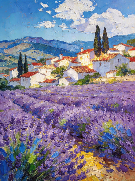 Provence - Lavender Fields and a Slumbering Village, Impasto Paintings, Original Small Paintings on Canvas, Small Oil Paintings, Hand Painted Canvas Art, Landscape Canvas Paintings-Art Painting Canvas