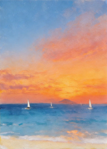 Tranquil Sails Under the Burning Clouds, Hand Painted Canvas Art, Original Seascape Paintings, Small Canvas Artwork, Original Oil Paintings, Buy Small Paintings Online-Art Painting Canvas