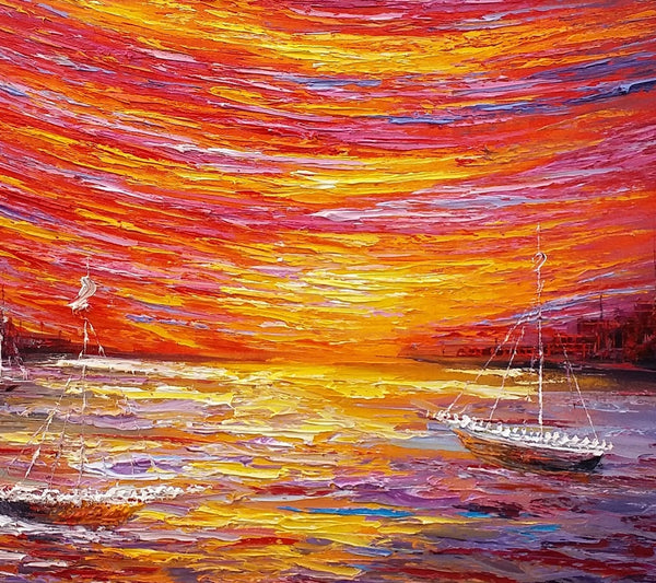 Landscape Painting, Large Art, Canvas Art, Wall Art, Custom Abstract Artwork, Canvas Painting, Modern Art, Oil Painting, Boat on the River 210-Art Painting Canvas