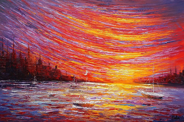 Landscape Painting, Large Art, Canvas Art, Wall Art, Custom Abstract Artwork, Canvas Painting, Modern Art, Oil Painting, Boat on the River 210-Art Painting Canvas
