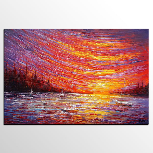 Landscape Painting, Large Art, Canvas Art, Wall Art, Custom Abstract Artwork, Canvas Painting, Modern Art, Oil Painting, Boat on the River 210-Art Painting Canvas