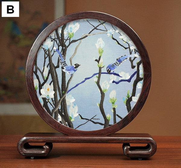Silk Embroidered Ornament, Premium Souvenir, Exclusive Business Presents, Creative Birthday Gift, Traditional Chinese Suzhou Flower and Birds Embroidery Ornaments-Art Painting Canvas
