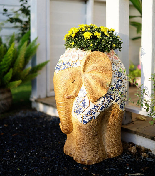 Oversized Garden Flower Pot, Modern Outdoor Garden Flower Pots, Extra Large Elephant Garden Flowerpots, Animal Statue for Garden Ornaments, Large Resin Statue for Garden-Art Painting Canvas