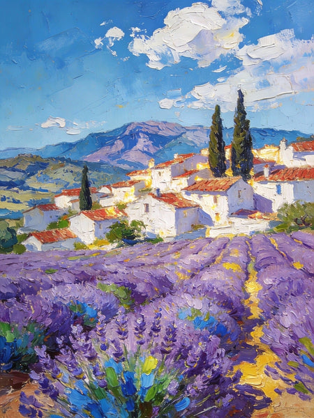 Small Original Paintings, Lavender Fields Under a Cloudy Sky, A Provencal Landscape, Impasto Paintings, Small Oil Paintings, Small Wall Paintings, Landscape Artwork Canvas Paintings-Art Painting Canvas
