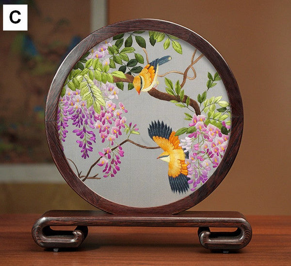 Premium Souvenir, Silk Embroidered Ornament, Exclusive Business Presents, Creative Birthday Gift, Traditional Chinese Suzhou Flower and Birds Embroidery Ornaments-Art Painting Canvas