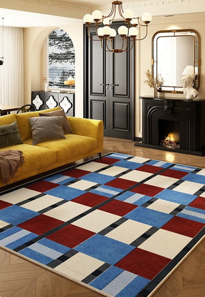 Geometric Modern Rugs for Dining Room, Mid Century Modern Living Room Rugs, Blue Contemporary Area Rugs for Bedroom, Dining Room Floor Carpets-Art Painting Canvas