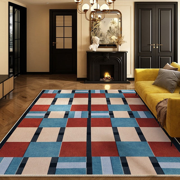 Geometric Modern Rugs for Dining Room, Mid Century Modern Living Room Rugs, Blue Contemporary Area Rugs for Bedroom, Dining Room Floor Carpets-Art Painting Canvas