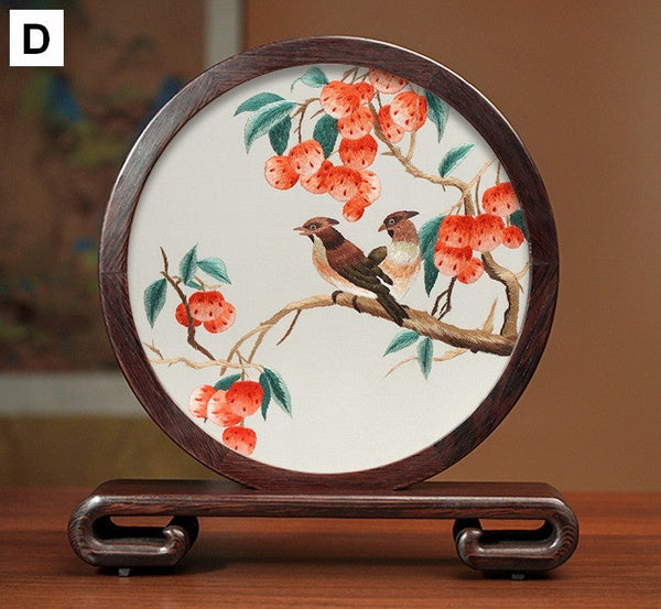 Premium Souvenir, Silk Embroidered Ornament, Exclusive Business Presents, Creative Birthday Gift, Traditional Chinese Suzhou Flower and Birds Embroidery Ornaments-Art Painting Canvas