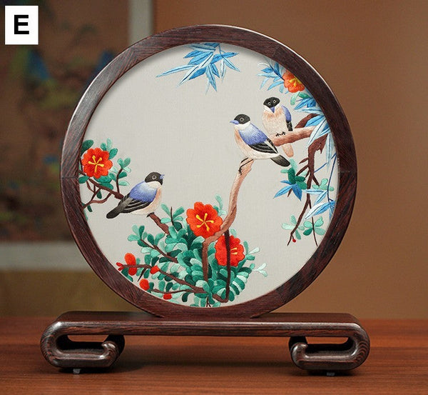 Premium Souvenir, Silk Embroidered Ornament, Exclusive Business Presents, Creative Birthday Gift, Traditional Chinese Suzhou Flower and Birds Embroidery Ornaments-Art Painting Canvas