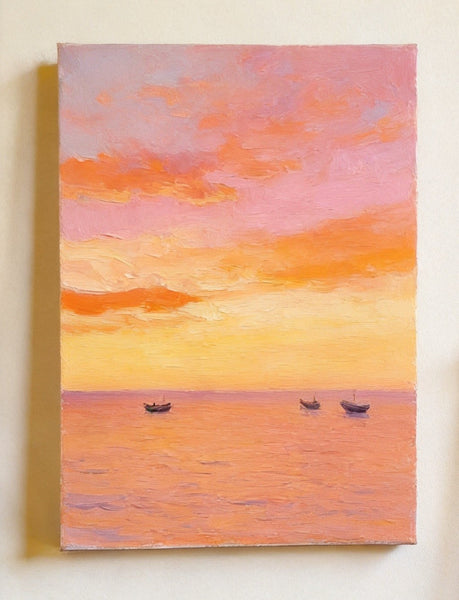 Original Oil Paintings, Hand Painted Canvas Artwork, Sunset Sail on the Horizon, Original Seascape Paintings, Buy Small Paintings Online-Art Painting Canvas