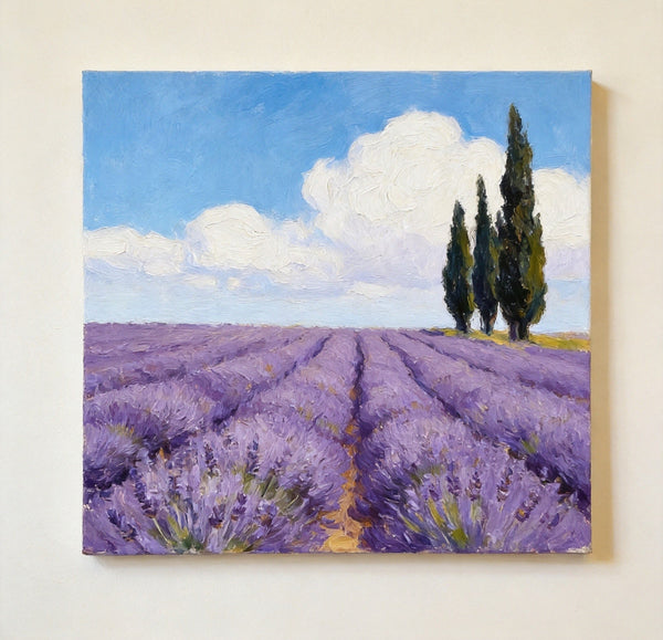 Small Canvas Artwork, Cypress by the Lavender Field, Hand Painted Canvas Art, Original Landscape Paintings, Original Oil Paintings, Buy Small Paintings Online-Art Painting Canvas