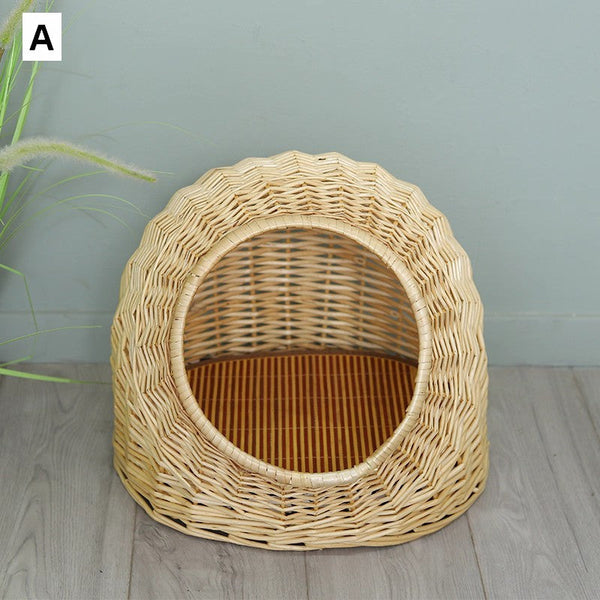 Hand woven Rattan Cat Bed, Natural Wicker Cat House Basket with Washable Cushion for Indoor Cats and Dogs