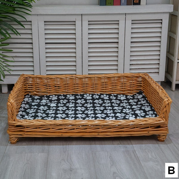 Large Hand Woven Rattan Cat Beds, Extra Large Natural Wicker Dog Bed with Washable Cushion for Indoor Cats and Dogs