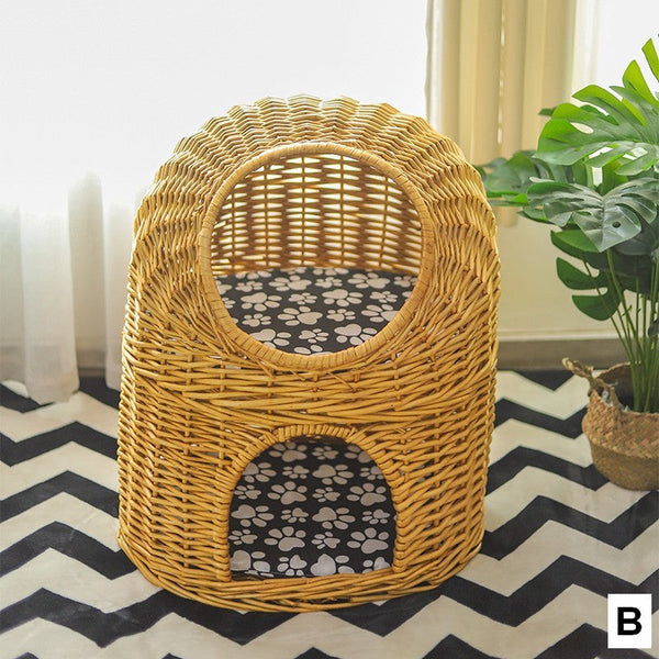Large Double-Layer Cat Bed, Wicker Cat House Basket with Washable Cushion for Indoor Cats and Dogs-Art Painting Canvas