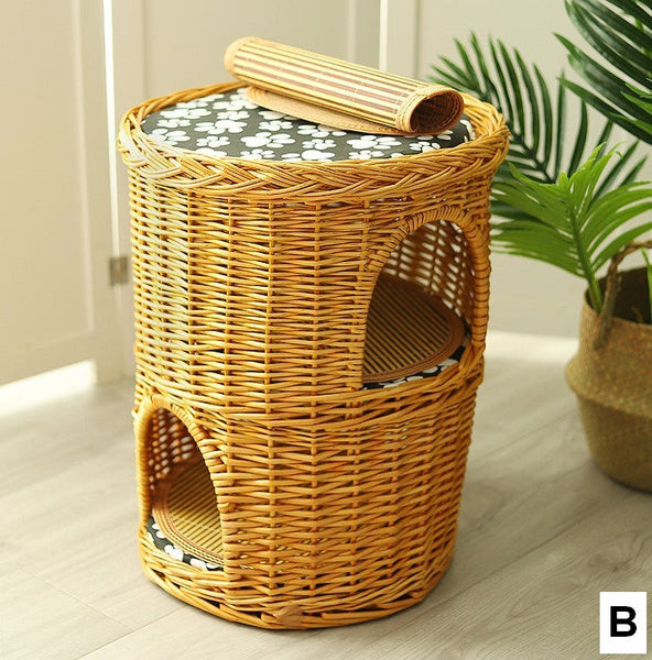 Large Cat House Basket with Washable Cushion for Indoor Cats and Dogs, Triple-Layer Cat Bed-Art Painting Canvas