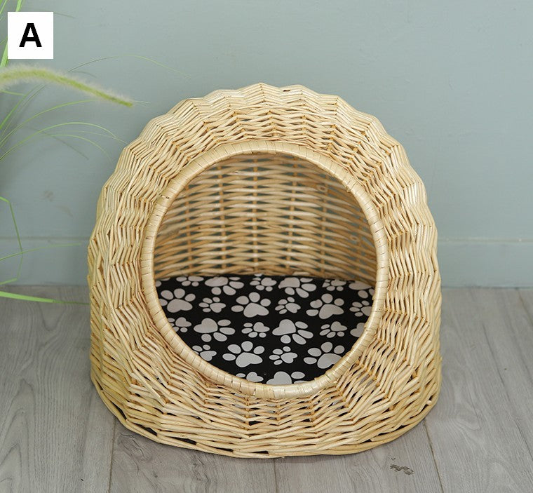 Hand woven Rattan Cat Bed, Natural Wicker Cat House Basket with Washable Cushion for Indoor Cats and Dogs