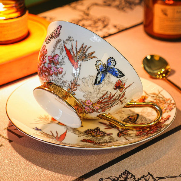 Ceramic Coffee Cups in Gift Box, Butterfly Pattern Porcelain Tea Cup and Saucer Set, British Traditional Afternoon Tea Cup and Saucer Set-Art Painting Canvas