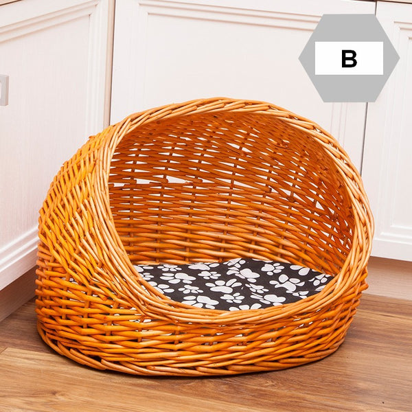Natural Wicker Cat House Basket with Washable Cushion for Indoor Cats and Dogs, Hand woven Rattan Cat Bed