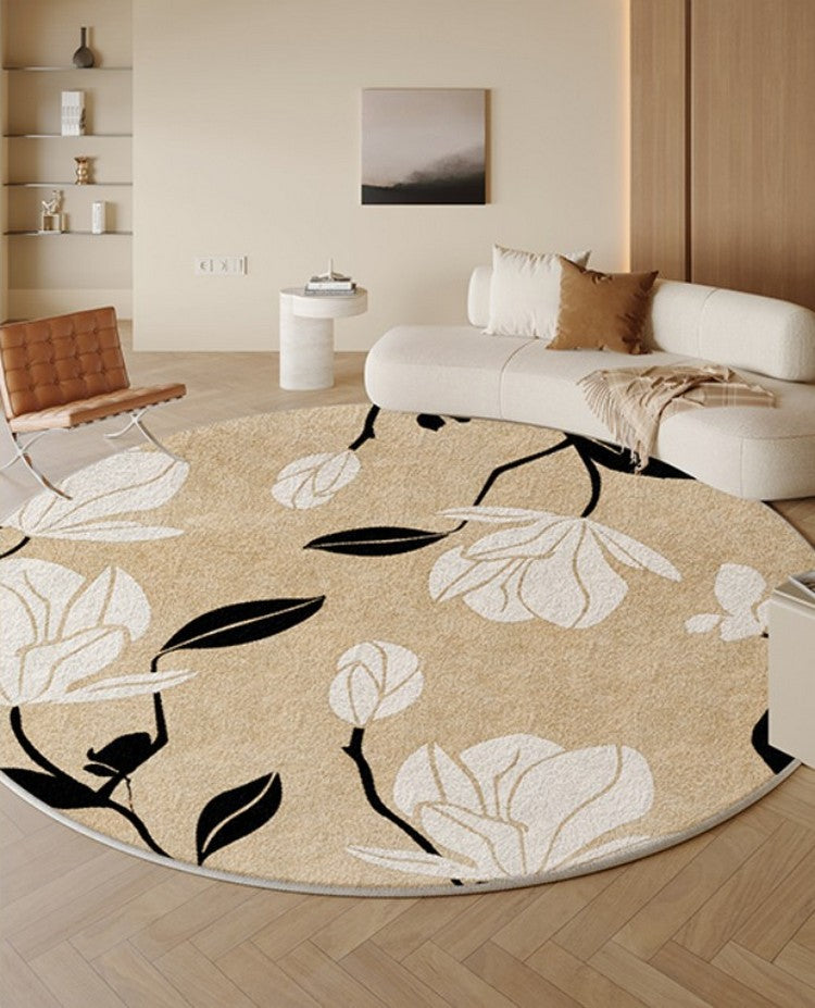 Modern Round Rugs under Coffee Table, Circular Rugs for Dining Table, Abstract Contemporary Rugs for Bedroom, Modern Cream Color Rugs for Living Room-Art Painting Canvas