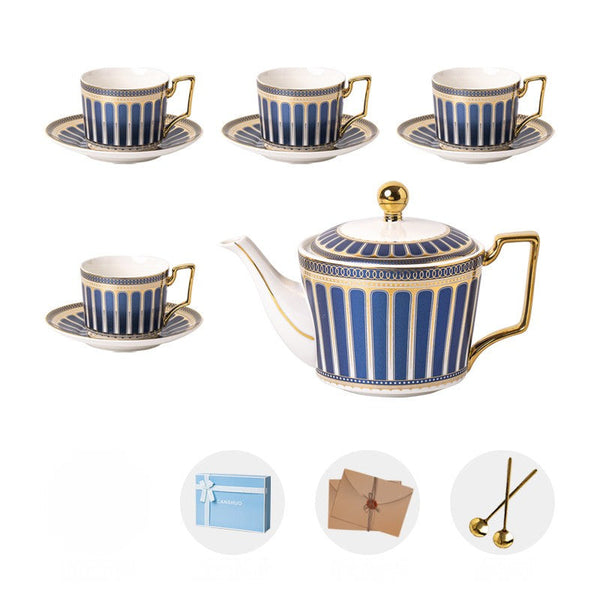 Elegant Blue Ceramic Tea Cup and Saucer Set of 4 cups with Teapot, 7.4 oz Porcelain Tea Cup and Saucer Set, British Tea Cup Set, Modern Blue Coffee Cup with Saucer-Art Painting Canvas