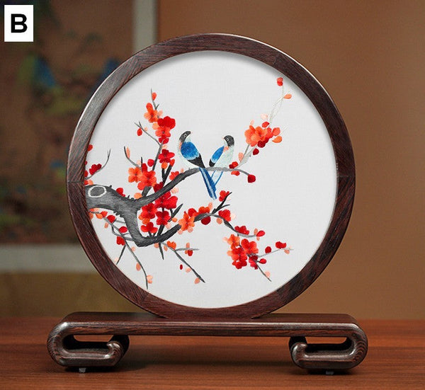 Flower and Bird Embroidery Ornaments, Unique Birthday Gift, Traditional Chinese Suzhou Silk Embroidered Ornament, Premium Souvenir, Exclusive Business Presents-Art Painting Canvas