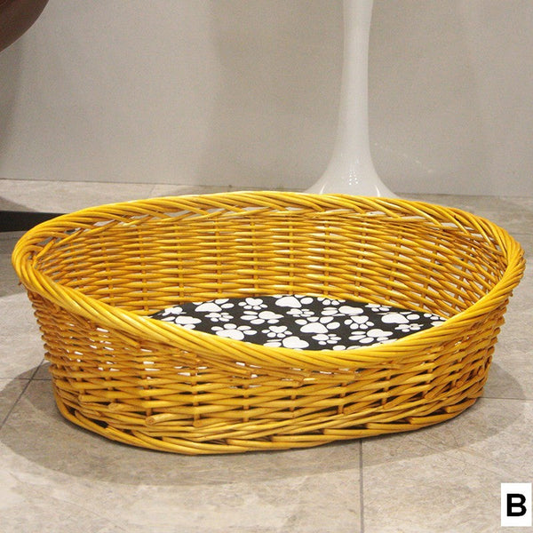 Natural Wicker Dog Bed with Washable Cushion for Indoor Cats and Dogs, Hand woven Rattan Cat Beds-Art Painting Canvas