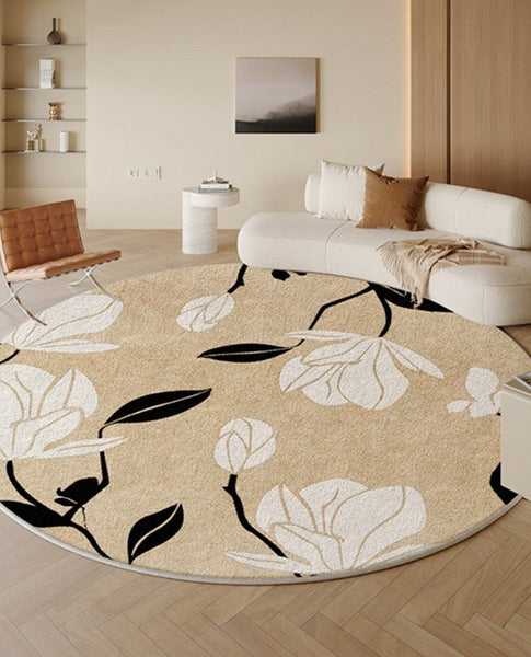 Modern Round Rugs under Coffee Table, Circular Rugs for Dining Table, Abstract Contemporary Rugs for Bedroom, Modern Cream Color Rugs for Living Room-Art Painting Canvas