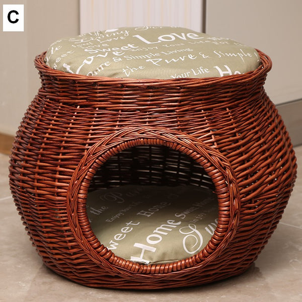 Wicker Cat House Basket with Washable Cushion for Indoor Cats and Dogs, Rattan Cat Bed-Art Painting Canvas