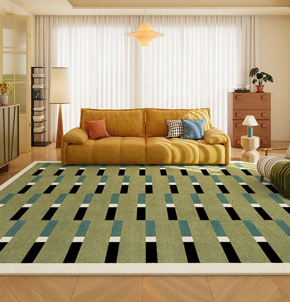 Mid Century Modern Rugs, Green Geometric Contemporary Rugs, Modern Living Room Rug Ideas, Colorful Area Rugs for Dining Room-Art Painting Canvas