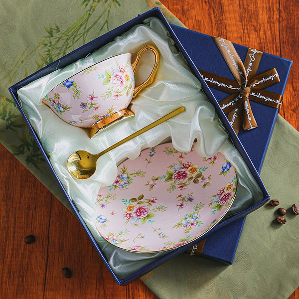 Traditional English Tea Cup and Saucer Set, Ceramic Coffee Cup with Saucer, Floral Porcelain Tea Cup and Saucer Set, Afternoon British Tea Cup with Saucer-Art Painting Canvas