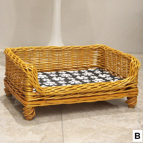 Large Natural Wicker Dog Bed with Washable Cushion for Indoor Cats and Dogs, Hand Woven Rattan Cat Beds-Art Painting Canvas