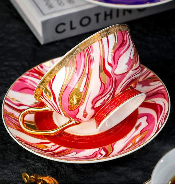 Ceramic Coffee Cup with Saucer Set of 2 Cups, Beautiful British Tea Cup and Saucer, Creative Porcelain Tea Cup Saucer Set, 6.8 oz Tea Cup and Saucer in Gift Box-Art Painting Canvas