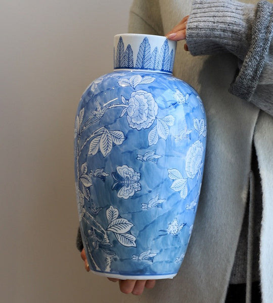 Centerpiece Ceramic Bouquet Vases, Handmade Modern Flower Vase, Large Flower Vases on Dining Table, Blue Porcelain Flower Vases-Art Painting Canvas