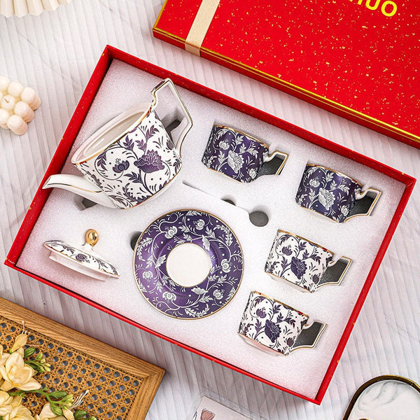 British Traditional Afternoon Tea Cup Set of 4 cups, 8 oz Ceramic Coffee Cup with Saucer in Gift Box, Porcelain Tea Cup and Saucer Set with Teapot-Art Painting Canvas
