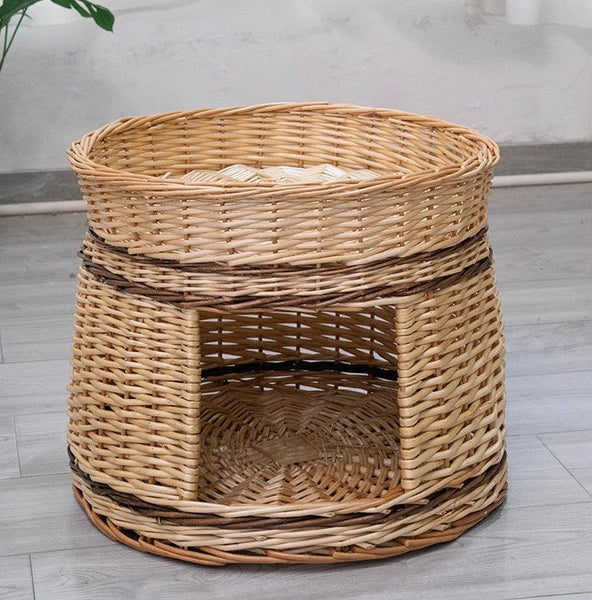 Large Double-Layer Cat Bed, Wicker Cat House Basket with Washable Cushion for Indoor Cats and Dogs