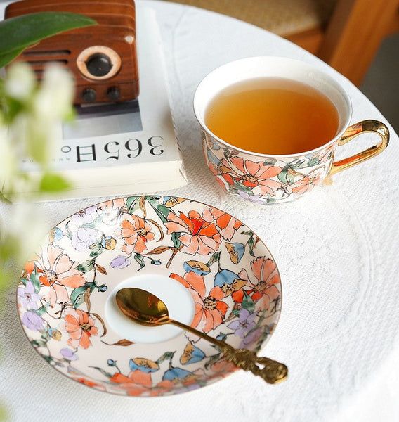 Elegant Ceramic Coffee Cups, Flower Bone China Porcelain Tea Cup Set, British Royal Ceramic Cups for Afternoon Tea, Unique Tea Cup and Saucer in Gift Box-Art Painting Canvas