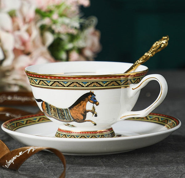 Porcelain Tea Cup and Saucer Set, 7.4 oz British Horse Pattern Coffee Cup with Saucer, Ceramic Tea Cup and Saucer in Gift Box-Art Painting Canvas