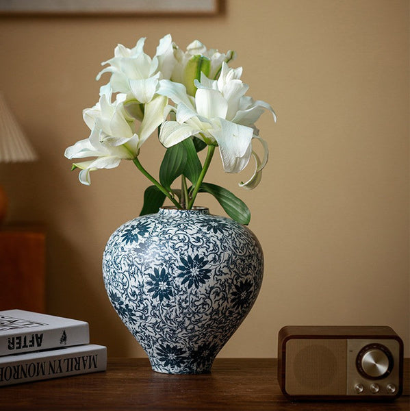 Vintage Bouquet Flower Vases, Centerpiece on Dining Table, Large Blue Flower Vase on Table, Handmade Porcelain Flower Vases Urn, Water Holding Flower Vases-Art Painting Canvas