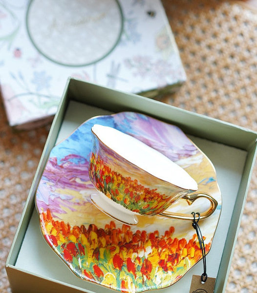 Elegant Ceramic Coffee Cups, Flower Field Vintage Porcelain Tea Cup Saucer Set, Unique British Tea Cup and Saucer in Gift Box, Royal Ceramic Cups-Art Painting Canvas