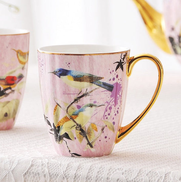 Elegant Pink Ceramic Coffee Mug, Beautiful Bird Flower Ceramic Mug, Large Creative Porcelain Mug, Large Capacity Ceramic Mugs for Office-Art Painting Canvas
