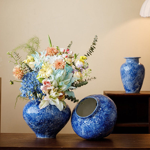 Handmade Water Holding Flower Vases, Centerpiece on Dining Table, Blue Pottery Bud Vases, Large Flower Vases on Table, Modern Pottery Flower Vases-Art Painting Canvas
