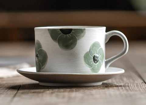 Cappuccino Coffee Cup, Spring Flower Coffee Cup, Rustic Tea Cup, Pottery Coffee Cups, Coffee Cup and Saucer Set-Art Painting Canvas